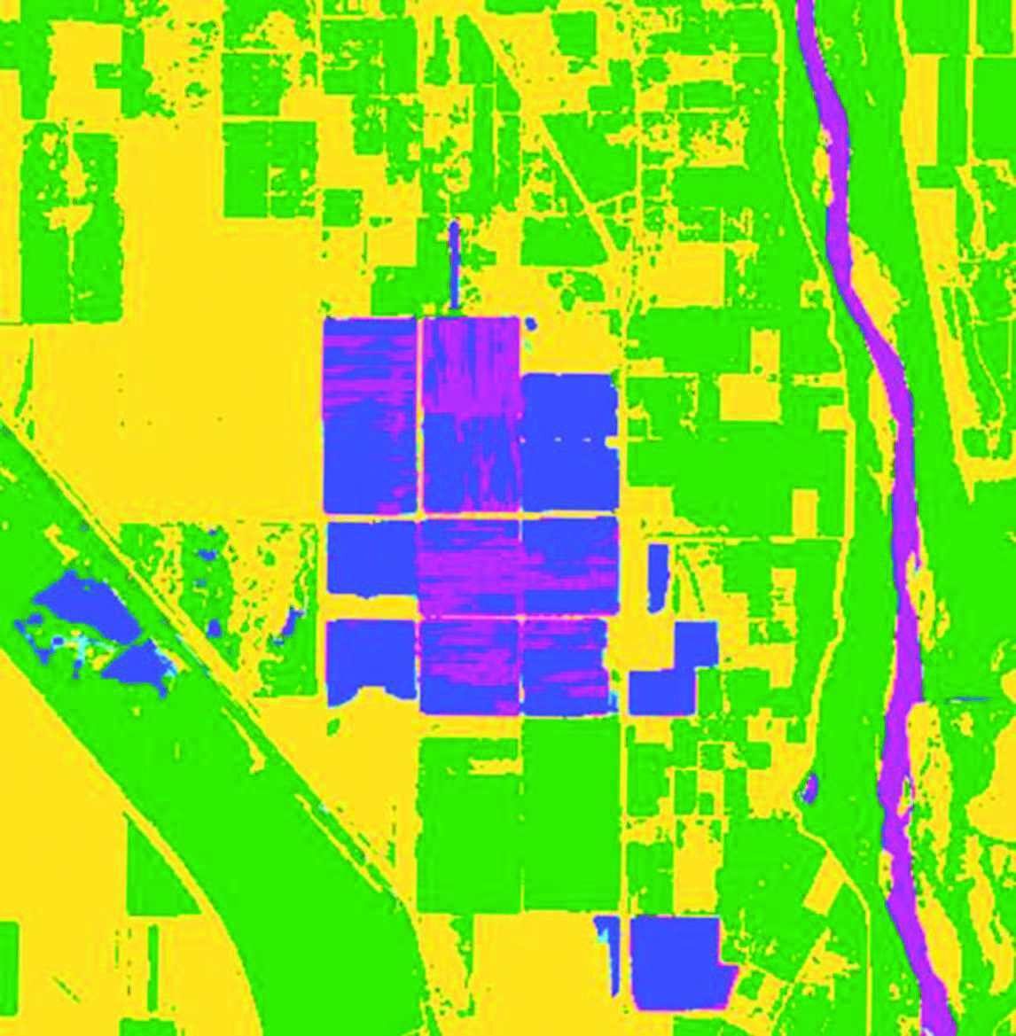 A map of habitat conditions in California, created by using Upstream Tech's machine learning models and satellite data.  Blue regions are shallow water—just right for migratory shore birds